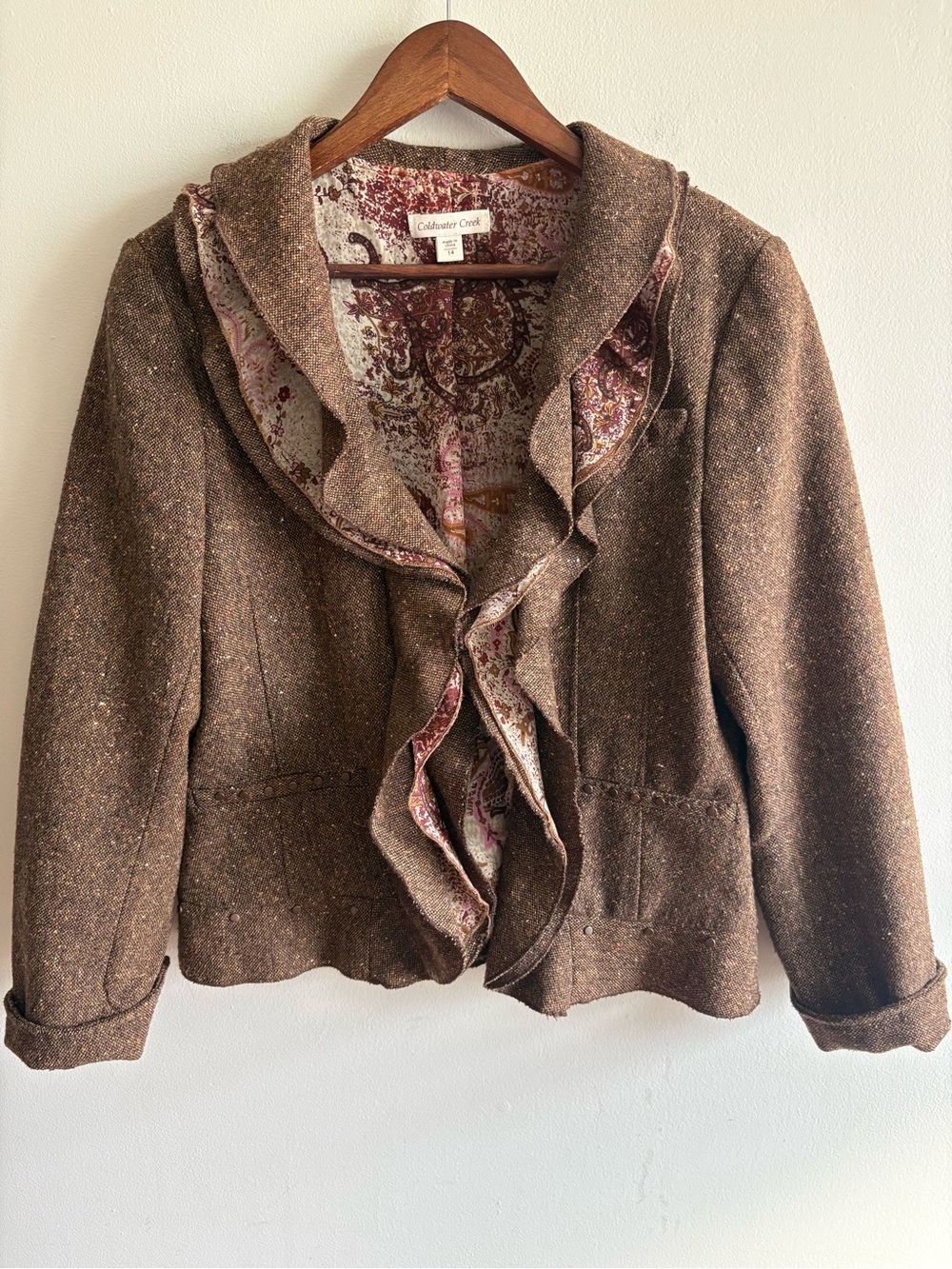 Coldwater Creek Brown Tweed Ruffle Front Blazer